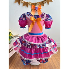 Vestido Infantil Junino Rosa e Roxo Colorido Florido