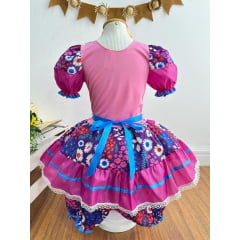 Vestido Infantil Junino Rosa e Roxo Colorido Florido