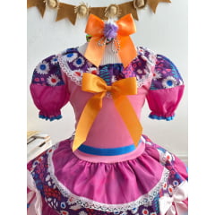 Vestido Infantil Junino Rosa e Roxo Colorido Florido
