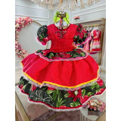 Vestido Infantil Junino Vermelho Arraiá Colorido Florido