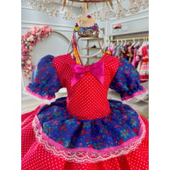 Vestido Infantil Junino Vermelho e Azul Colorido Florido