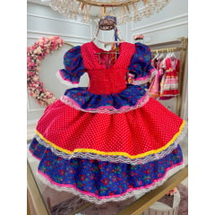 Vestido Infantil Junino Vermelho e Azul Colorido Florido