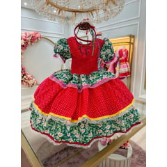 Vestido Infantil Junino Vermelho e Verde Colorido Florido