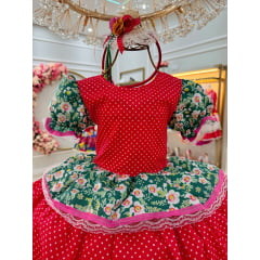 Vestido Infantil Junino Vermelho e Verde Colorido Florido