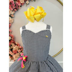 Vestido Infantil Junino Xadrez Preto e Branco C/ Broche