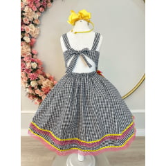 Vestido Infantil Junino Xadrez Preto e Branco C/ Broche