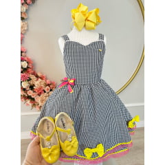 Vestido Infantil Junino Xadrez Preto e Branco C/ Broche