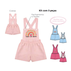 Kit Fantoni Meninas Jardineira Moletinho ecológico jeans do 4 ao 8