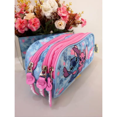 Estojo Infantil Triplo Lilo Stitch e Angel Rosa