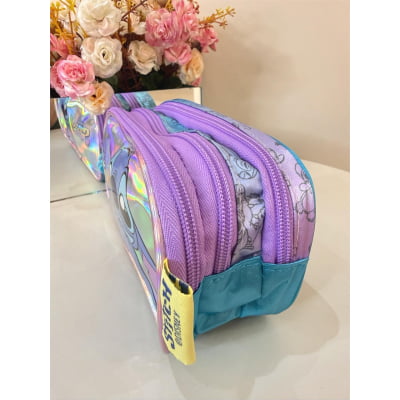 Estojo Triplo Juvenil Médio Holográfico da Lilo Stitch e Angel Azul