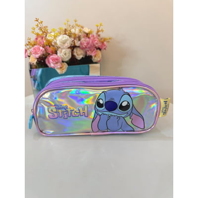 Estojo Triplo Juvenil Médio Holográfico da Lilo Stitch e Angel Azul