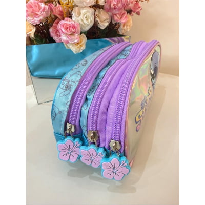 Estojo Triplo Juvenil Médio Holográfico da Lilo Stitch e Angel Azul