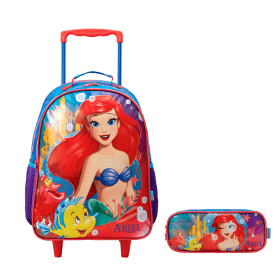 Kit Mochila de Rodinhas Escolar +Estojo duplo da Princesa Disney Ariel Metálica