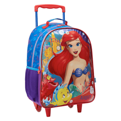Kit Mochila de Rodinhas Escolar +Estojo duplo da Princesa Disney Ariel Metálica