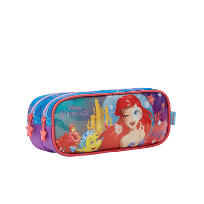 Kit Mochila de Rodinhas Escolar +Estojo duplo da Princesa Disney Ariel Metálica