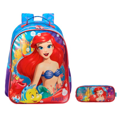 Mochila Escolar + Estojo duplo da Princesa Disney Ariel Metálica