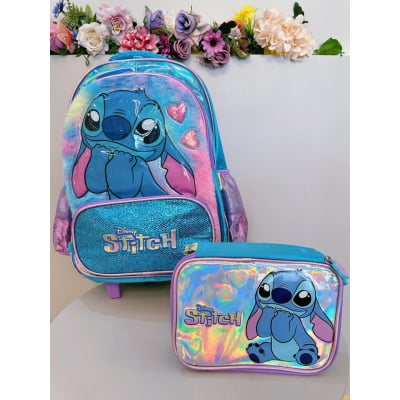 Kit Infantil Mochila rodinhas + Estojo do Lilo Stitch e Angel Azul