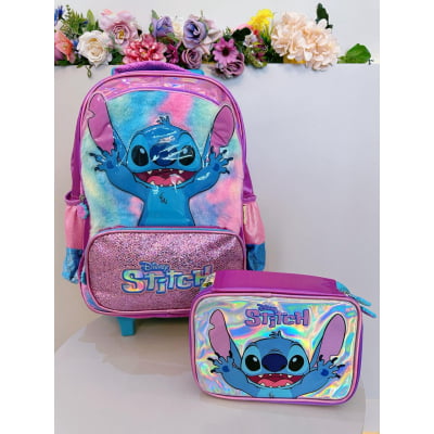 Kit Infantil Mochila rodinhas + Estojo da Lilo Stitch e Angel Roxo