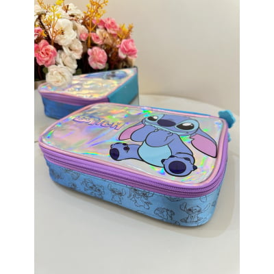 Kit Mochila C/ Rodinhas + Estojo Box Lilo Stitch e Angel Azul e Lilás