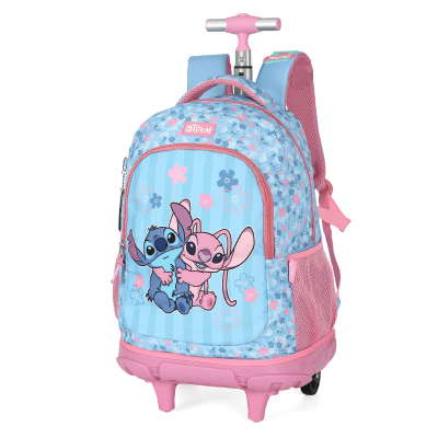 Kit Mochila C/ Rodinhas + Estojo da Lilo Stitch e Angel Rosa