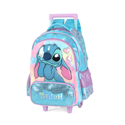 Kit Mochila C/ Rodinhas + Lancheira Lilo Stitch e Angel Azul e Lilás