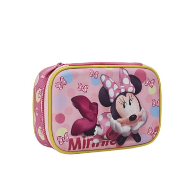 Kit Mochila Costas Tam.16 + Lancheira Térmica e Estojo box Infantil da Minnie Rosa Colorida