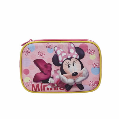 Kit Mochila Costas Tam.16 + Lancheira Térmica e Estojo box Infantil da Minnie Rosa Colorida