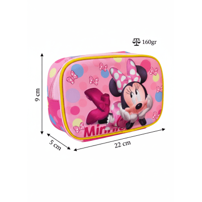 Kit Mochila Costas Tam.16 + Lancheira Térmica e Estojo box Infantil da Minnie Rosa Colorida