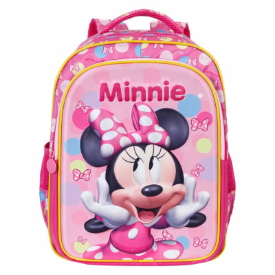 Kit Mochila Costas Tam.16 + Lancheira Térmica e Estojo Duplo Infantil da Minnie Rosa Colorida