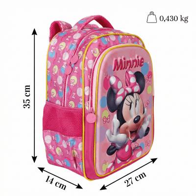 Kit Mochila Costas Tam.16 + Lancheira Térmica e Estojo Duplo Infantil da Minnie Rosa Colorida