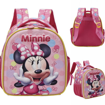 Kit Mochila Costas Tam.16 + Lancheira Térmica e Estojo Duplo Infantil da Minnie Rosa Colorida