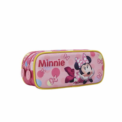Kit Mochila Costas Tam.16 + Lancheira Térmica e Estojo Duplo Infantil da Minnie Rosa Colorida