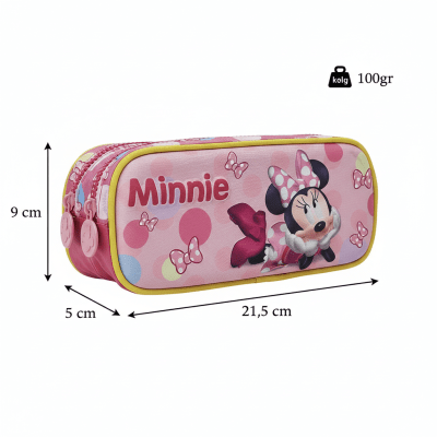 Kit Mochila Costas Tam.16 + Lancheira Térmica e Estojo Duplo Infantil da Minnie Rosa Colorida