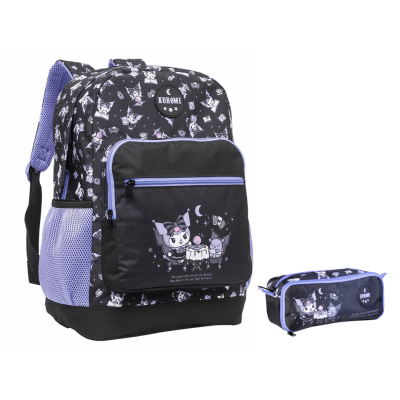 Kit Mochila de Costas Escolar 43cm e Estojo Duplo Juvenil Kuromi College