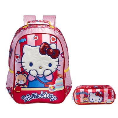 Kit Mochila de Costas Escolar + Estojo Duplo da Hello Kitty
