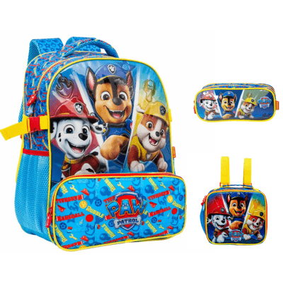 Kit Mochila de Costas Escolar Tam. 14  C/ Capuz + Lancheira Térmica e Estojo Duplo da Patrulha Canina S2