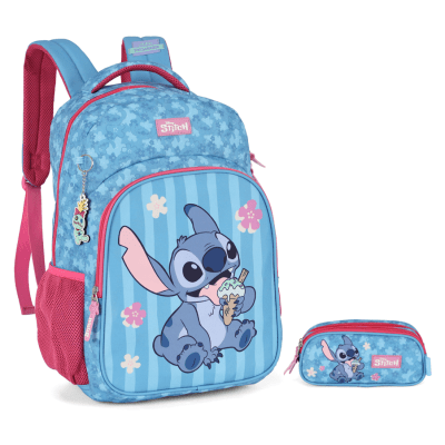 Kit Mochila De Costas + Estojo Triplo da Lilo Stitch e Angel Pink Kit Mochila De Costas + Estojo Triplo da Lilo Stitch e Angel Pink