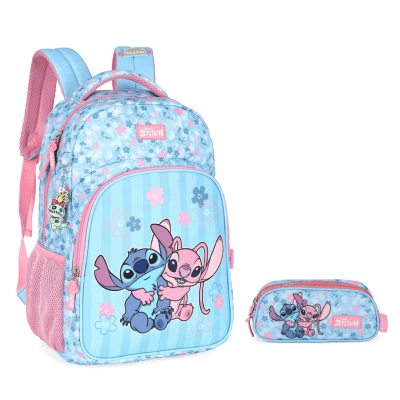 Kit Mochila De Costas + Estojo Triplo da Lilo Stitch e Angel Rosa Kit Mochila De Costas + Estojo Triplo da Lilo Stitch e Angel Rosa
