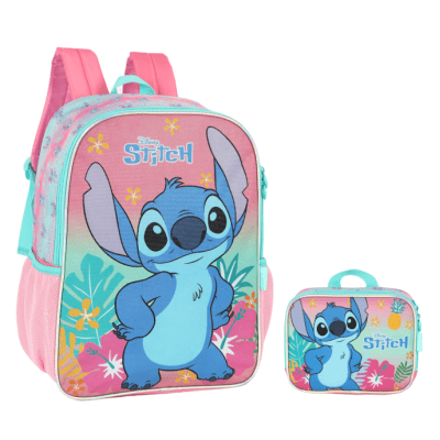 Kit Mochila De Costas Grande Reforçada + Lancheira da Lilo Stitch e Angel Rosa