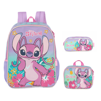 Kit Mochila De Costas Grande Reforçada + Lancheira + Estojo Simples da Lilo Stitch e Angel Roxa Kit Mochila De Costas Grande Reforçada + Lancheira + Estojo Simples da Lilo Stitch e Angel Roxa