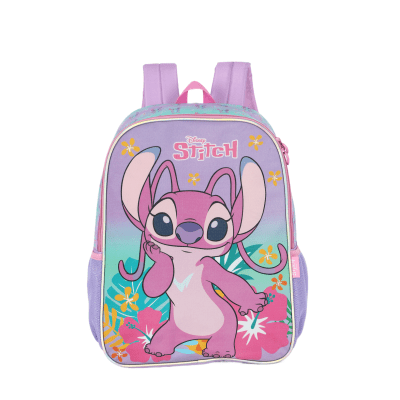 Kit Mochila De Costas Grande Reforçada + Lancheira + Estojo Simples da Lilo Stitch e Angel Roxa