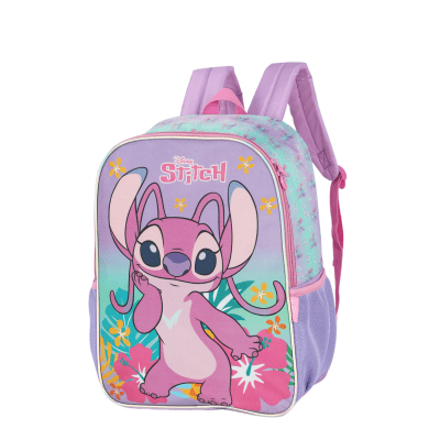 Kit Mochila De Costas Grande Reforçada + Lancheira + Estojo Simples da Lilo Stitch e Angel Roxa