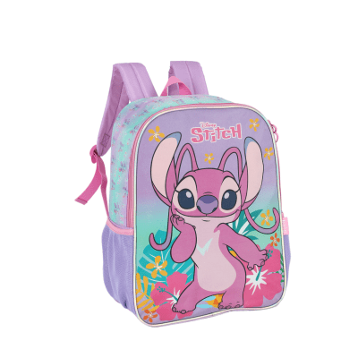 Kit Mochila De Costas Grande Reforçada + Lancheira + Estojo Simples da Lilo Stitch e Angel Roxa