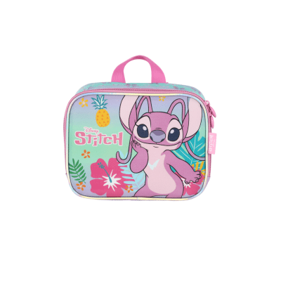 Kit Mochila De Costas Grande Reforçada + Lancheira + Estojo Simples da Lilo Stitch e Angel Roxa