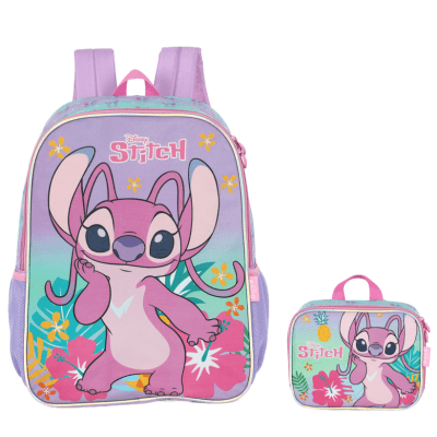 Kit Mochila De Costas Grande Reforçada + Lancheira + Estojo Simples da Lilo Stitch e Angel Roxa