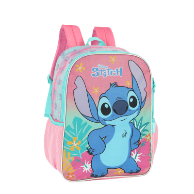 Kit Mochila De Costas Grande Reforçada + Lancheira Térmica + Estojo Simples da Lilo Stitch e Angel Rosa