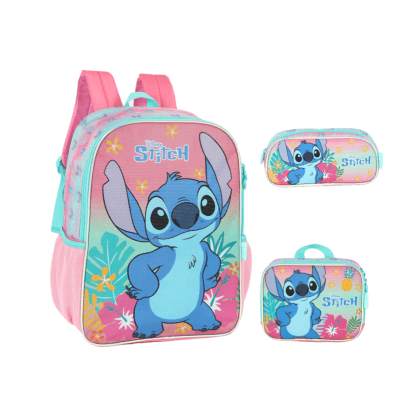Kit Mochila De Costas Grande Reforçada + Lancheira Térmica + Estojo Simples da Lilo Stitch e Angel Rosa Kit Mochila De Costas Grande Reforçada + Lancheira Térmica + Estojo Simples da Lilo Stitch e Angel Rosa