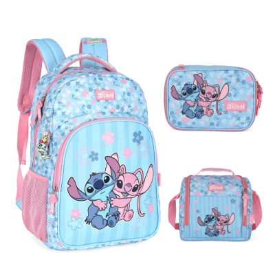 Kit Mochila De Costas +Lancheira Térmica + Estojo Box da Lilo Stitch e Angel Rosa