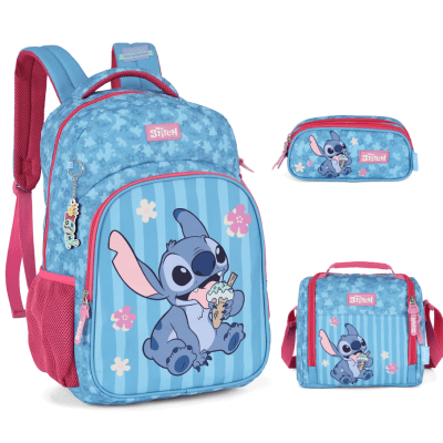 Kit Mochila De Costas + Lancheira Térmica + Estojo Triplo da Lilo Stitch e Angel Pink Kit Mochila De Costas + Lancheira Térmica + Estojo Triplo da Lilo Stitch e Angel Pink