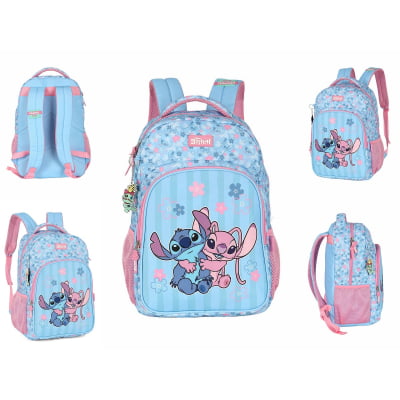 Kit Mochila De Costas + Lancheira Térmica + Estojo Triplo da Lilo Stitch e Angel Rosa